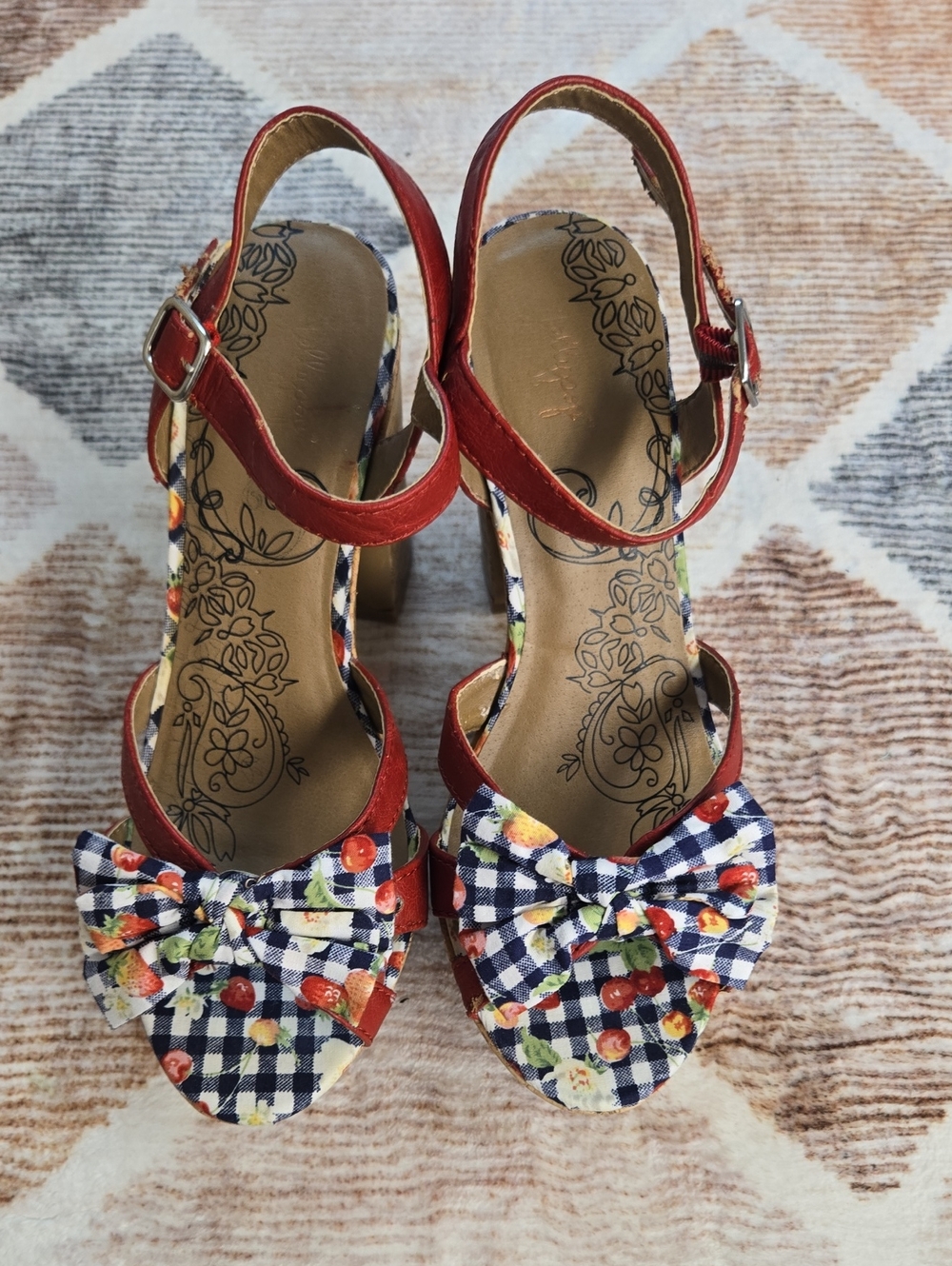 Jellypop Red Floral Gingham Bow Slingback Heels